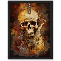 Artery8 Wall Art Print Skull Electric Guitar Death Metal Music Modern Concept Art Painting Large Framed Wall Décor Art in White | Size: W18" x H24"