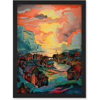Artery8 Atmospheric Clouds Over Mono Fishing Village Cabins at Dawn Modern Watercolour Painting Artwork Framed Wall Art Print A4 in Black