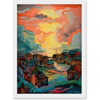 Artery8 Atmospheric Clouds Over Mono Fishing Village Cabins at Dawn Modern Watercolour Painting Artwork Framed Wall Art Print A4 in White
