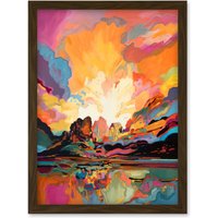 Artery8 Atmospheric Sunset Clouds Vibrant Colour Lakescape Modern Watercolour Painting Artwork Framed Wall Art Print A4 in Brown