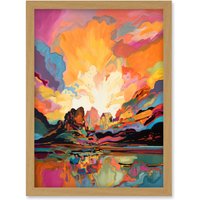 Artery8 Atmospheric Sunset Clouds Vibrant Colour Lakescape Modern Watercolour Painting Artwork Framed Wall Art Print A4 in Light Oak
