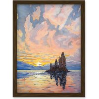 Artery8 Sunrise Atmospheric Clouds Over Mono Lake Mountain Lakeside Landscape Modern Watercolour Painting Artwork Framed Wall Art Print A4 in Brown