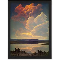 Artery8 Vintage Style Atmospheric Cloud Reflections in Lake Modern Watercolour Painting Artwork Framed Wall Art Print A4 in Black