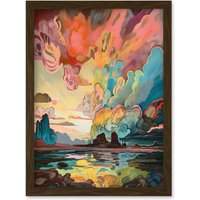 Artery8 Van Gogh Inspired Atmospheric Clouds Over Mono Lake at Dawn Modern Watercolour Painting Artwork Framed Wall Art Print A4 in Brown