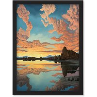 Artery8 Atmospheric Cloud Reflections Early Morning Dawn at Mono Lake Modern Watercolour Painting Artwork Framed Wall Art Print A4 in Black