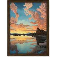 Artery8 Atmospheric Cloud Reflections Early Morning Dawn at Mono Lake Modern Watercolour Painting Artwork Framed Wall Art Print A4 in Brown