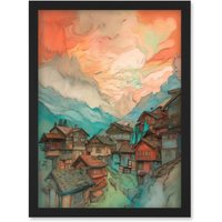 Artery8 Pink Dawn Atmospheric Clouds Over Small Mountain Village in the Alps Modern Watercolour Painting Artwork Framed Wall Art Print A4 in Black