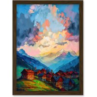Artery8 Atmospheric Clouds at Dawn Over Small Village Houses in the Alps Modern Watercolour Painting Artwork Framed Wall Art Print A4 in Brown