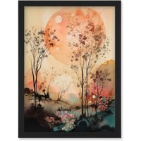 Artery8 Misty Riverside Trees Sunset Landscape Modern Boho Watercolour Painting Artwork Framed Wall Art Print A4 in Black