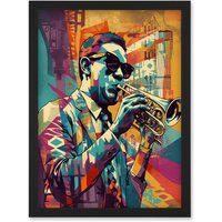 Artery8 Trumpet Player Jazz Musician with Sunglasses Modern Colour Linocut Print Artwork Framed Wall Art Print A4 in Black