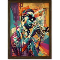 Artery8 Trumpet Player Jazz Musician with Sunglasses Modern Colour Linocut Print Artwork Framed Wall Art Print A4 in Brown