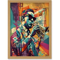Artery8 Trumpet Player Jazz Musician with Sunglasses Modern Colour Linocut Print Artwork Framed Wall Art Print A4 in Light Oak