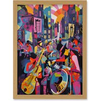 Artery8 New Orleans Jazz Festival Street Musicians Playing Music City at Sunset Abstract Modern Painting Artwork Framed Wall Art Print A4 in Light Oak