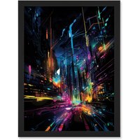Artery8 New York City at Night Modern Abstract Neon Contrast Painting Artwork Framed Wall Art Print A4 in Black