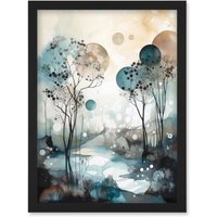 Artery8 Snowfall over Autumn Trees in Snowy River Dream Landscape Modern Watercolour Painting Artwork Framed Wall Art Print A4 in Black