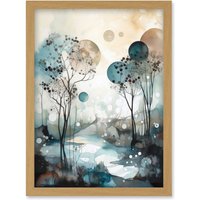 Artery8 Snowfall over Autumn Trees in Snowy River Dream Landscape Modern Watercolour Painting Artwork Framed Wall Art Print A4 in Light Oak