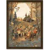 Artery8 Countryside Folk Band Musicians Playing Music in the Forest at Sunset Modern Watercolour Painting Artwork Framed Wall Art Print A4 in Brown