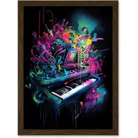 Artery8 Melodic Explosion Piano Bursting in Vibrant Colours Modern Acrylic Paint Painting Artwork Framed Wall Art Print A4 in Brown