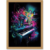 Artery8 Melodic Explosion Piano Bursting in Vibrant Colours Modern Acrylic Paint Painting Artwork Framed Wall Art Print A4 in Light Oak