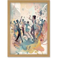 Artery8 People Dancing to Music on the Dancefloor Modern Soft Pastel Watercolour Painting Artwork Framed Wall Art Print A4 in Light Oak