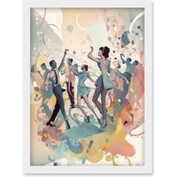Artery8 People Dancing to Music on the Dancefloor Modern Soft Pastel Watercolour Painting Artwork Framed Wall Art Print A4 in White