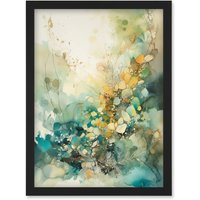 Artery8 Wild Plant Flora in Teal Blue & Orange Modern Watercolour Painting Artwork Framed Wall Art Print A4 in Black