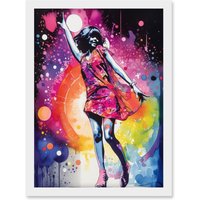 Artery8 Disco Music Fever Dance Moves Woman in Rainbow Dancefloor Light Modern Watercolour Painting Artwork Framed Wall Art Print A4 in White