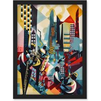 Artery8 Jazz Musicians Playing on an Urban Landscape Rooftop Abstract Modern Watercolour Illustration Artwork Framed Wall Art Print A4 in Black