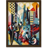 Artery8 Jazz Musicians Playing on an Urban Landscape Rooftop Abstract Modern Watercolour Illustration Artwork Framed Wall Art Print A4 in Brown