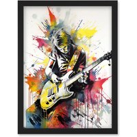 Artery8 Guitarist Playing Electric Guitar Music Solo Vibrant Modern Splat Paint Watercolour Illustration Artwork Framed Wall Art Print A4 in Black
