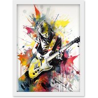 Artery8 Guitarist Playing Electric Guitar Music Solo Vibrant Modern Splat Paint Watercolour Illustration Artwork Framed Wall Art Print A4 in White
