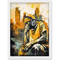 Artery8 Abstract Cityscape Young Man Wearing Headphones Listening to Music Modern Watercolour Illustration Artwork Framed Wall Art Print A4 in White