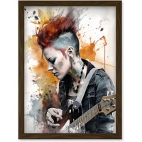 Artery8 Edgy Young Punk Woman with Mohawk & Electric Guitar Modern Watercolour Painting Artwork Framed Wall Art Print A4 in Brown