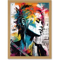 Artery8 Emo Woman Electric Guitar Sheet Music Upcycle Art Splatter Paint Modern Painting Artwork Framed Wall Art Print A4 in Light Oak