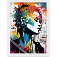 Artery8 Emo Woman Electric Guitar Sheet Music Upcycle Art Splatter Paint Modern Painting Artwork Framed Wall Art Print A4 in White