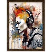 Artery8 Edgy Young Punk Woman with Red Mohawk & Headphones Listening to Music Modern Watercolour Painting Artwork Framed Wall Art Print A4 in Brown
