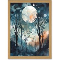 Artery8 Full Moon Winter Forest Landscape Snowfall over Trees at Night Artwork Framed Wall Art Print A4 in Light Oak