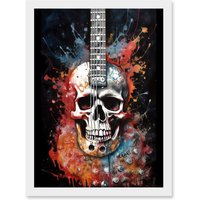 Artery8 Electric Skull Guitar Death Metal Music Concept Splatter Art Modern Acrylic Painting Artwork Framed Wall Art Print A4 in White