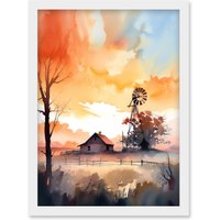 Artery8 Sunrise Clouds over Countryside Farmhouse Cabin with Old Windmill Tower Modern Watercolour Painting Artwork Framed Wall Art Print A4 in White