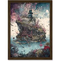 Artery8 Fantasy World Coastal Island Landscape Nymph House Magical Marine Life Flying Fish Seaweed Cloud Artwork Framed Wall Art Print A4 in Brown