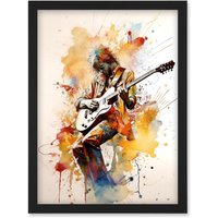 Artery8 Guitarist Musician Playing Solo on Electric Guitar Modern Watercolour Illustration Artwork Framed Wall Art Print A4 in Black