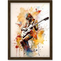 Artery8 Guitarist Musician Playing Solo on Electric Guitar Modern Watercolour Illustration Artwork Framed Wall Art Print A4 in Brown