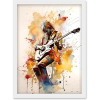 Artery8 Guitarist Musician Playing Solo on Electric Guitar Modern Watercolour Illustration Artwork Framed Wall Art Print A4 in White