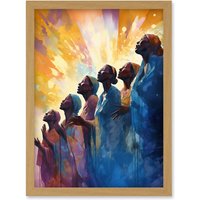Artery8 Female Gospel Choir Group Singing Hymns Modern Watercolour Painting Artwork Framed Wall Art Print A4 in Light Oak