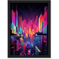 Artery8 Neon Light Colour Abstract Metropolis Cityscape at Night Modern Artwork Artwork Framed Wall Art Print A4 in Black