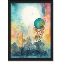 Artery8 Winter Forest Landscape Dreamland Partial Sun Eclipse & Snowfall over Trees Modern Watercolour Artwork Framed Wall Art Print A4 in Black