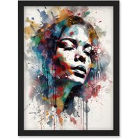 Artery8 Woman with Synesthesia Listening to Music Modern Paint Splatter Painting Artwork Framed Wall Art Print A4 in Black