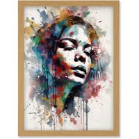 Artery8 Woman with Synesthesia Listening to Music Modern Paint Splatter Painting Artwork Framed Wall Art Print A4 in Light Oak