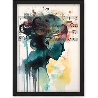 Artery8 Music on my Mind Singing in my Head Modern Portrait Watercolour Illustration Artwork Framed Wall Art Print A4 in Black