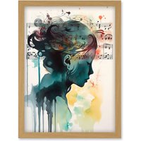 Artery8 Music on my Mind Singing in my Head Modern Portrait Watercolour Illustration Artwork Framed Wall Art Print A4 in Light Oak